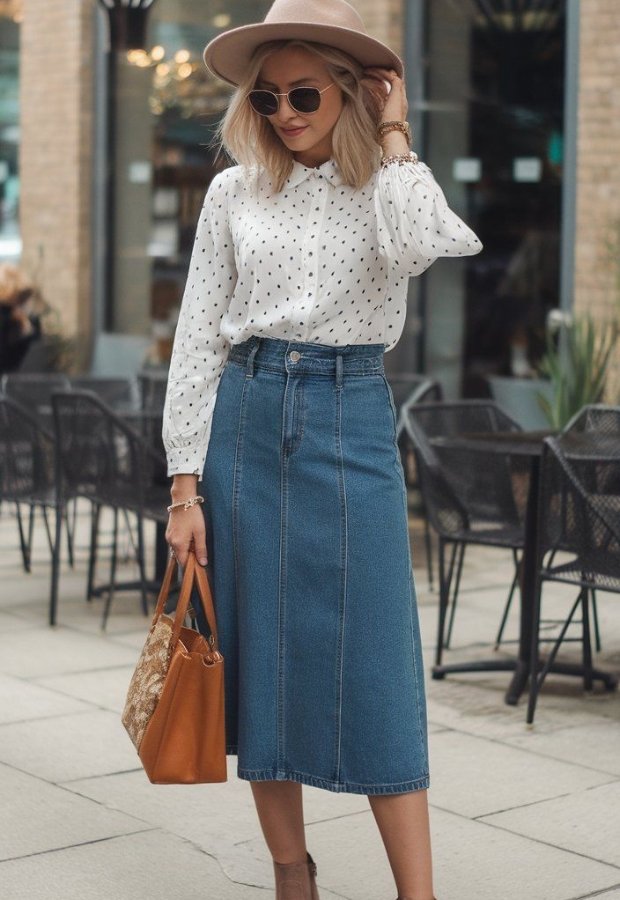 A stylish woman stands outdoors wearing a white polka-dot blouse, a high-waisted denim A-line skirt, tan hat, sunglasses, ankle boots, and carries a tan and woven handbag.