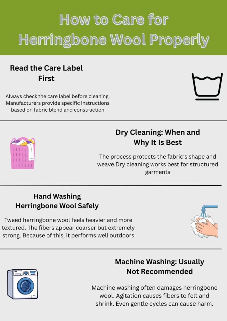 Infographic showing how to care for herringbone wool properly, including reading care labels, dry cleaning benefits, safe hand washing, and why machine washing is not recommended.Is Herringbone Wool Worth It?