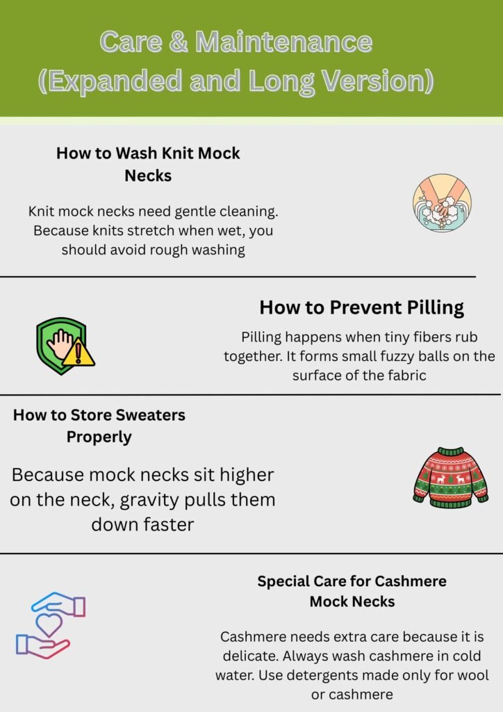 Infographic titled “Care & Maintenance (Expanded and Long Version)” showing tips on washing knit mock necks, preventing pilling, storing sweaters properly, and caring for cashmere mock necks, with simple icons illustrating each section.Why Mock neck turtlenecks