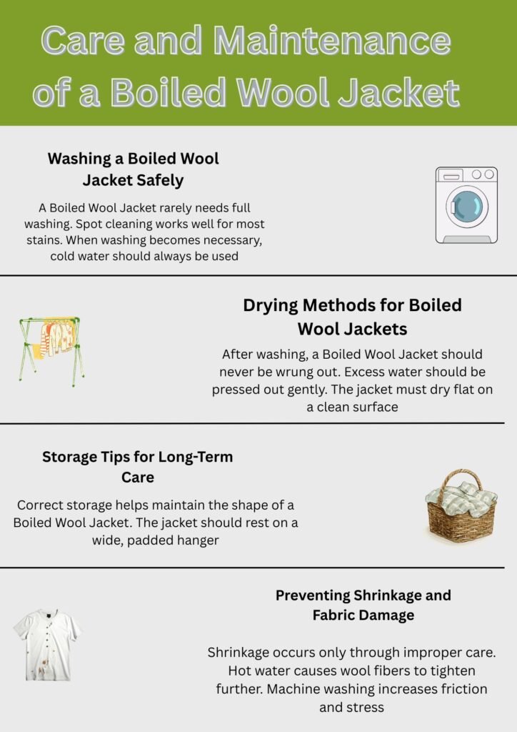 Infographic explaining care and maintenance of a boiled wool jacket, including washing, drying, storage tips, and methods to prevent shrinkage and fabric damage.Boiled Wool Jacket