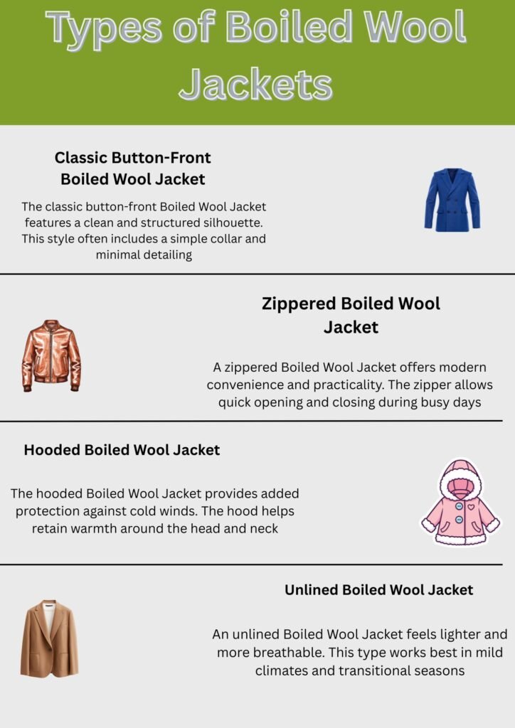 Infographic titled “Types of Boiled Wool Jackets” showing four styles: a classic button-front jacket, a zippered jacket, a hooded jacket, and an unlined boiled wool jacket, each with a short description and illustrative image.Boiled Wool Jacket