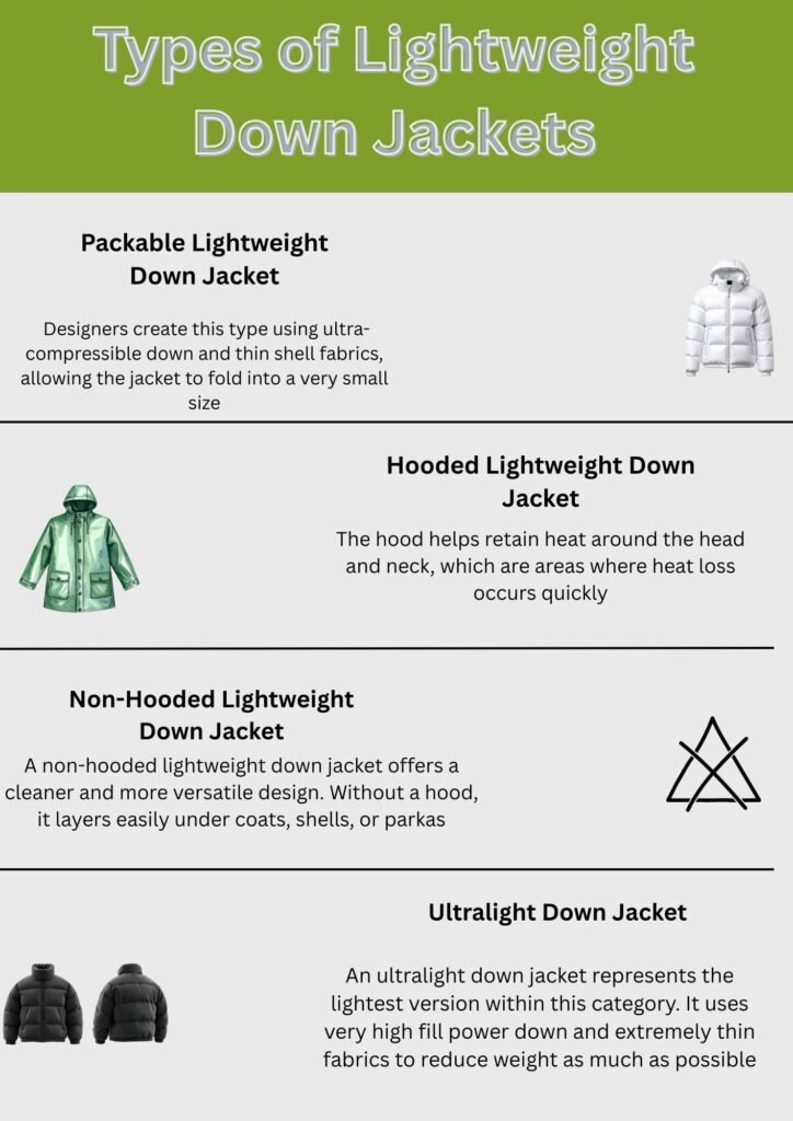 Infographic showing types of lightweight down jackets, including packable, hooded, non-hooded, and ultralight styles, with brief descriptions and jacket illustrations.Lightweight Down Jacket