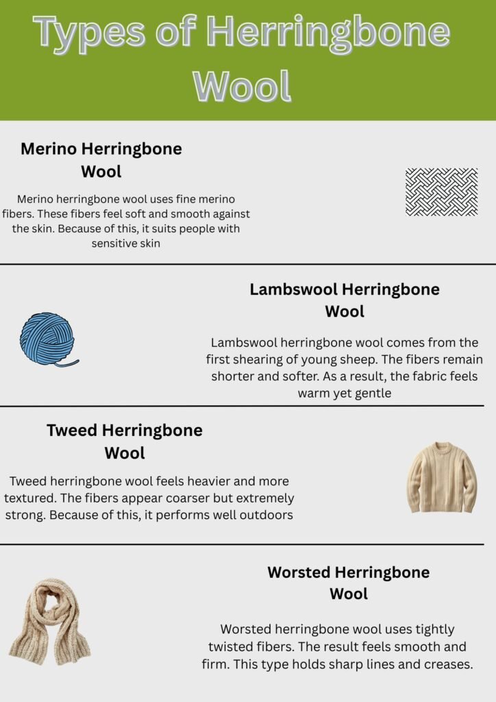 Types of herringbone wool including merino, lambswool, tweed, and worsted, with brief explanations of their texture, softness, and typical uses.Is Herringbone Wool Worth It?
