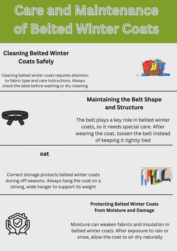 Infographic titled “Care and Maintenance of Belted Winter Coats” with sections on cleaning, belt care, storage, and protection from moisture, illustrated with simple icons.Belted Winter Coats