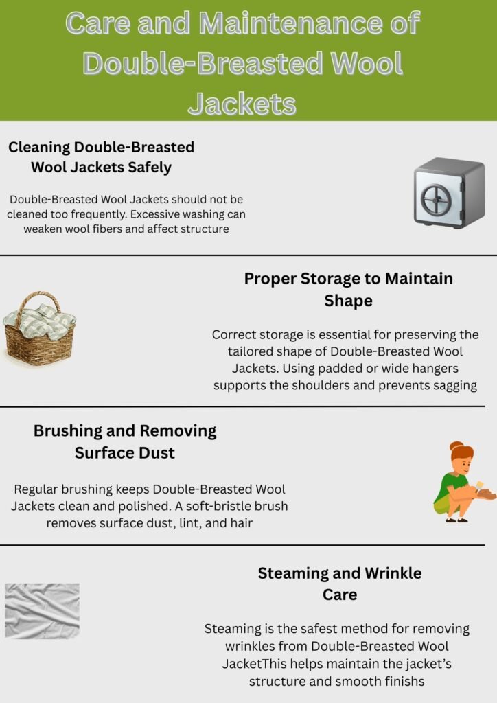 Infographic showing care and maintenance tips for double-breasted wool jackets, including safe cleaning, proper storage, brushing dust, and steaming for wrinkle care.Double-Breasted Wool Jackets:
