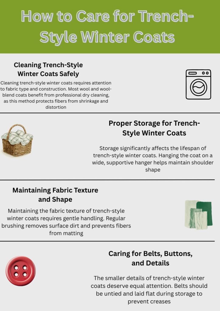 Infographic showing how to care for trench-style winter coats, including cleaning, proper storage, fabric maintenance, and care for belts and buttons.Trench-Style Winter Coats