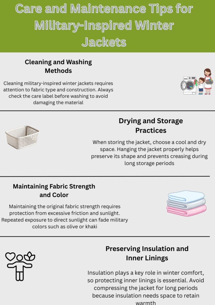 Infographic showing types of military-inspired winter jackets including parka, field, pea coat, and bomber styles.Military-Inspired Winter Jackets