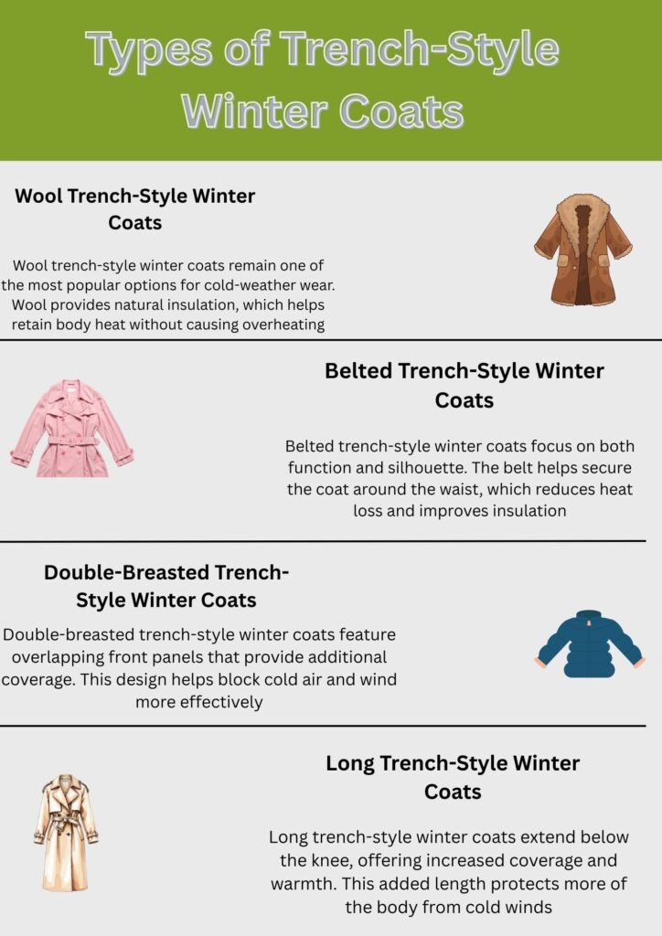 Infographic showing types of trench-style winter coats including wool trench coats, belted trench coats, double-breasted trench coats, and long trench-style winter coats.Trench-Style Winter Coats