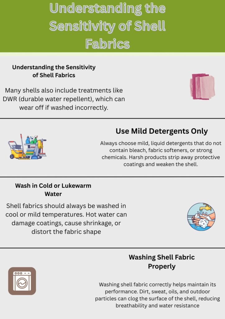 Infographic explaining the sensitivity of shell fabrics, including tips on using mild detergents, washing in cold water, and maintaining fabric performance.Does Shell Fabric