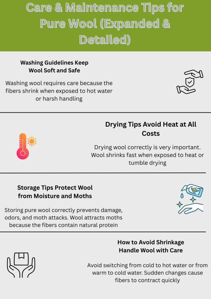 Infographic titled “Care & Maintenance Tips for Pure Wool” outlining washing, drying, storage, and shrinkage prevention tips with simple icons.Is Pure Wool Worth It?