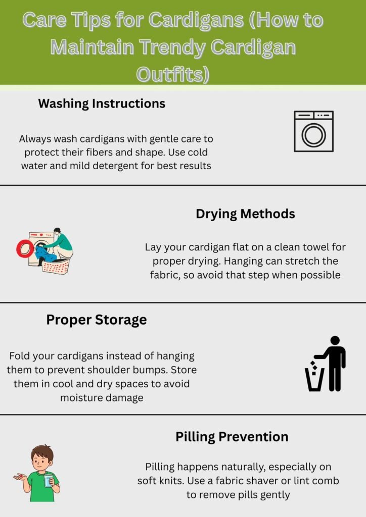 Infographic titled “Care Tips for Cardigans (How to Maintain Trendy Cardigan Outfits)” showing four sections with icons: washing instructions, drying methods, proper storage, and pilling prevention. Includes illustrations of a washing machine, a person doing laundry, a storage icon, and a person holding a lint remover.trendy cardigan outfits