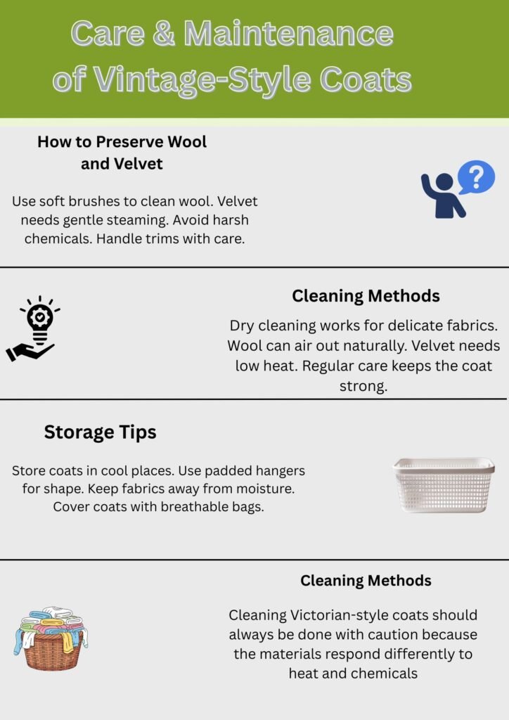 Infographic titled “Care & Maintenance of Vintage-Style Coats,” featuring sections on preserving wool and velvet, cleaning methods, and storage tips, along with simple icons illustrating each tip.Why Victorian-Era Winter Coats