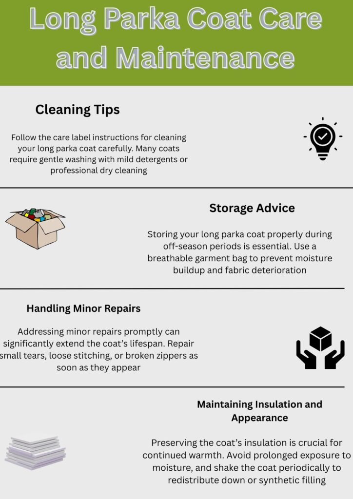 Infographic showing long parka coat care and maintenance tips, including cleaning, storage, minor repairs, and insulation upkeep.Is a Long Parka Coat Worth It?