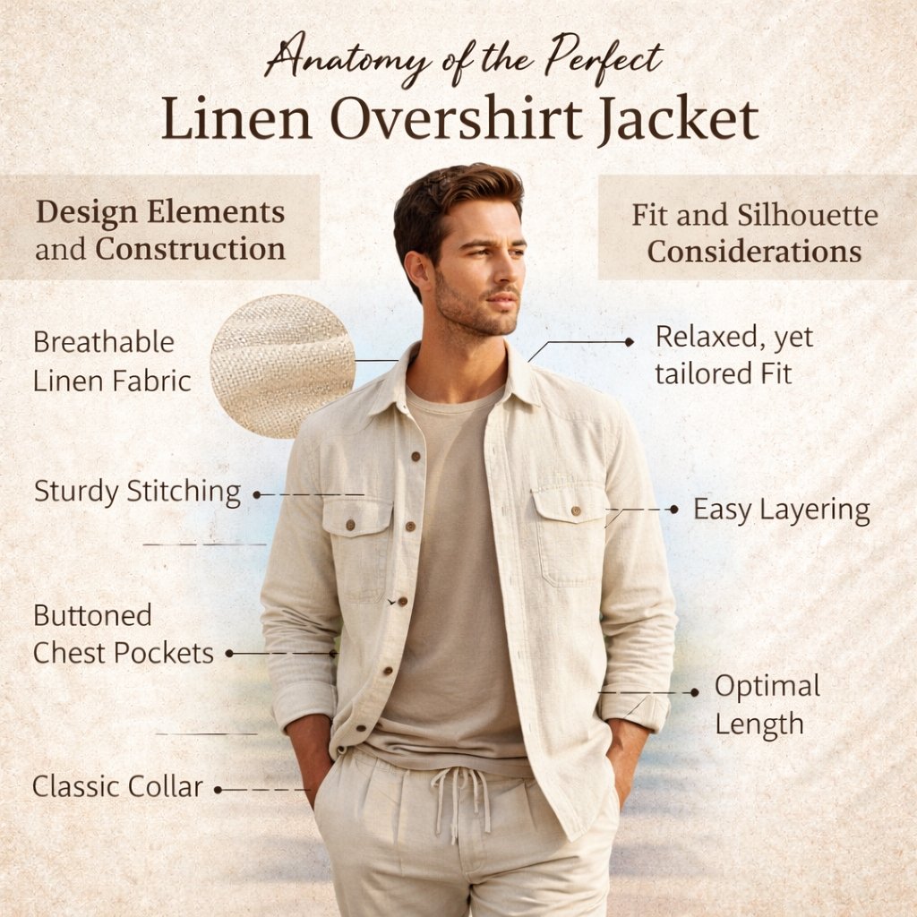 A man wearing a light linen overshirt and matching pants, with various labeled design elements like breathable linen fabric, sturdy stitching, buttoned chest pockets, classic collar, easy layering, relaxed fit, and optimal length shown around him.