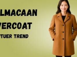 Woman wearing a camel overcoat, standing with hands in pockets against a muted green backdrop.