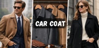Car Coat Fashion Guide History Fit and Styling Tips Triptych image of stylish coats: a man in a tan overcoat and sunglasses on the left, a central display of various coats with the words 'CAR COAT' across, and a woman in a black coat with a turtleneck on the right.