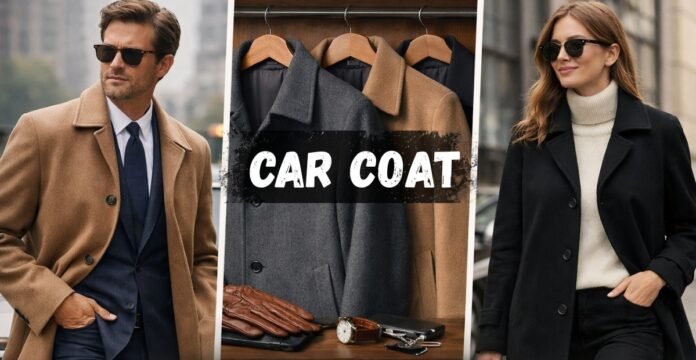 Triptych image of stylish coats: a man in a tan overcoat and sunglasses on the left, a central display of various coats with the words 'CAR COAT' across, and a woman in a black coat with a turtleneck on the right.