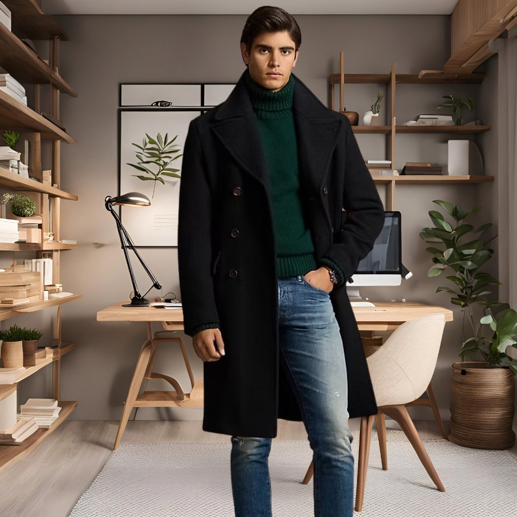 A stylish man stands in a modern home office wearing a long black coat over a dark green turtleneck and blue jeans. The room features wooden shelves, a desk with a computer, a black lamp, and several potted plants.