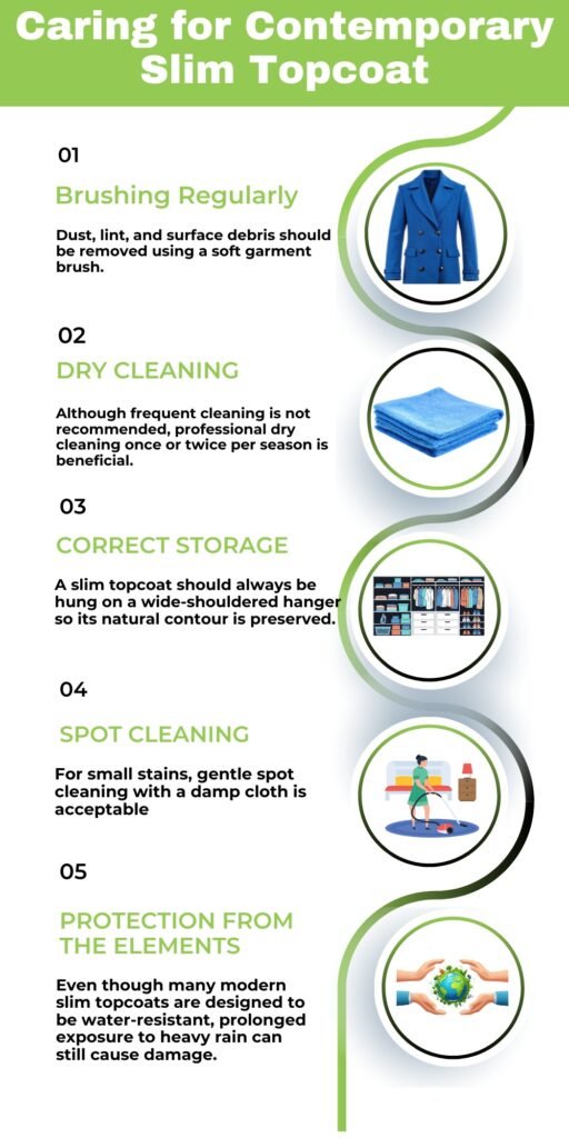 Infographic titled ‘Caring for Contemporary Slim Topcoat’ with five care tips: Brushing Regularly, Dry Cleaning, Correct Storage, Spot Cleaning, and Protection from the Elements. Each tip includes small icons of a blue coat, folded towel, a hanging organizer, a person cleaning a floor, and hands holding a globe.