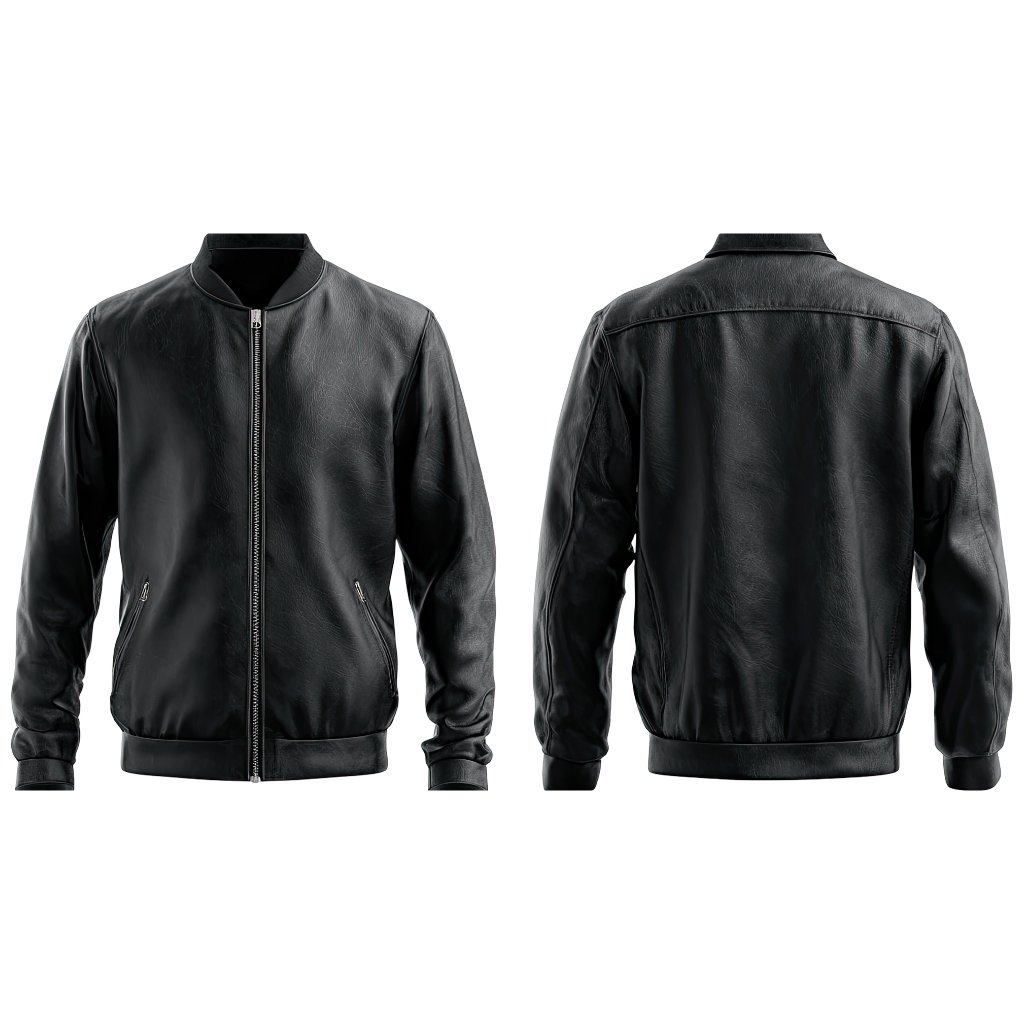 Two black heavy leather jackets shown from the front and back: bomber-style with zip closure, ribbed cuffs and hem, minimal pockets, and smooth matte leather texture.