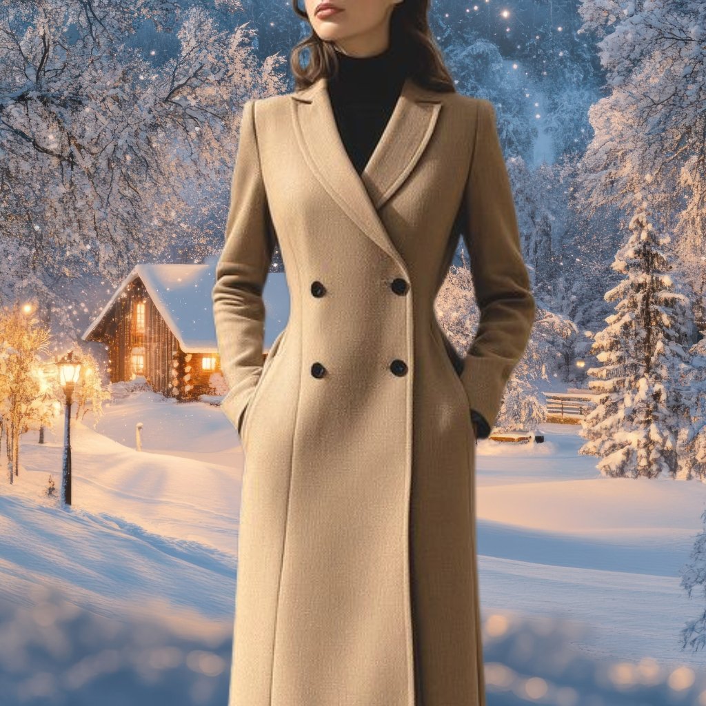 A woman wearing a long beige double-breasted coat standing in a snowy winter scene with a cozy cabin and pine trees in the background.