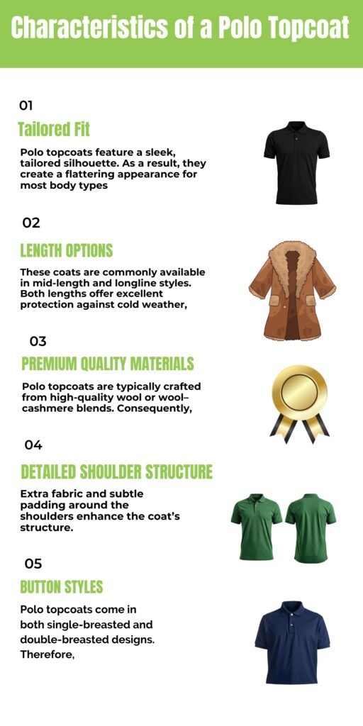 Infographic titled 'Characteristics of a Polo Topcoat' with five sections: 01 Tailored Fit, 02 Length Options, 03 Premium Quality Materials, 04 Detailed Shoulder Structure, 05 Button Styles. Each section has brief descriptive text and a small image on the right (polo shirt, fur-lined coat, medal ribbon, two green polo shirts, and a navy blue polo).