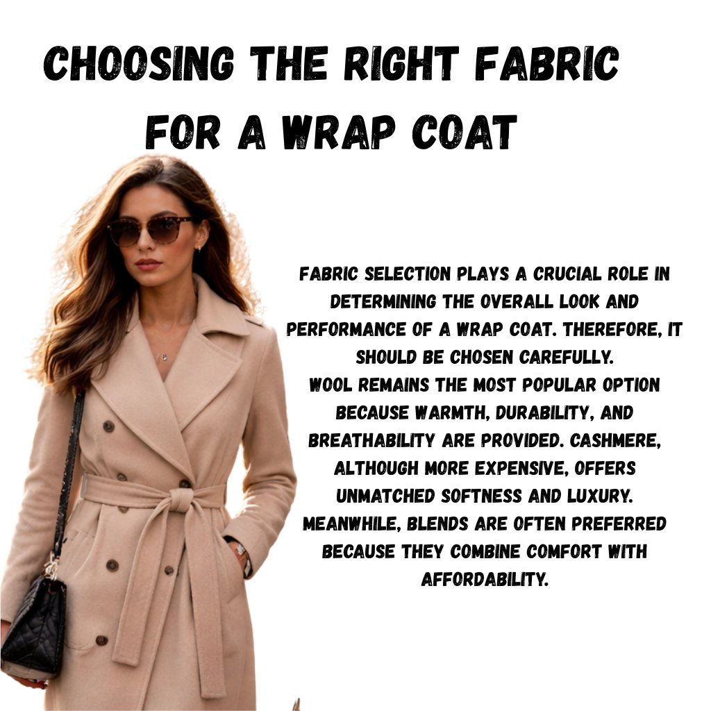 Woman in a beige wrap coat with a belt, wearing sunglasses, standing next to a large block of bold text titled 'Choosing the Right Fabric for a Wrap Coat' and a paragraph explaining fabric choices.