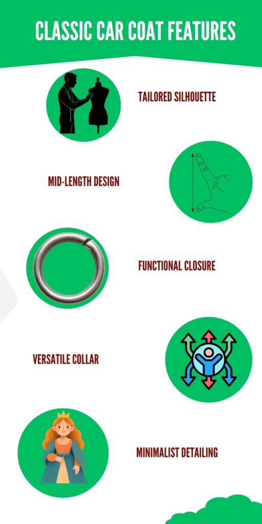 An infographic on classic car coat features with green circular icons illustrating tailored silhouette, mid-length design, functional closure, versatile collar, minimalist detailing, and a princess-style figure at the bottom.