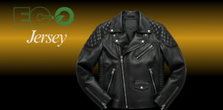 Classic Leather Motorcycle Jacket Built for Comfort & Speed "Black quilted leather biker jacket displayed against a gradient gold-to-black background with the Eco Jersey logo in the top left."