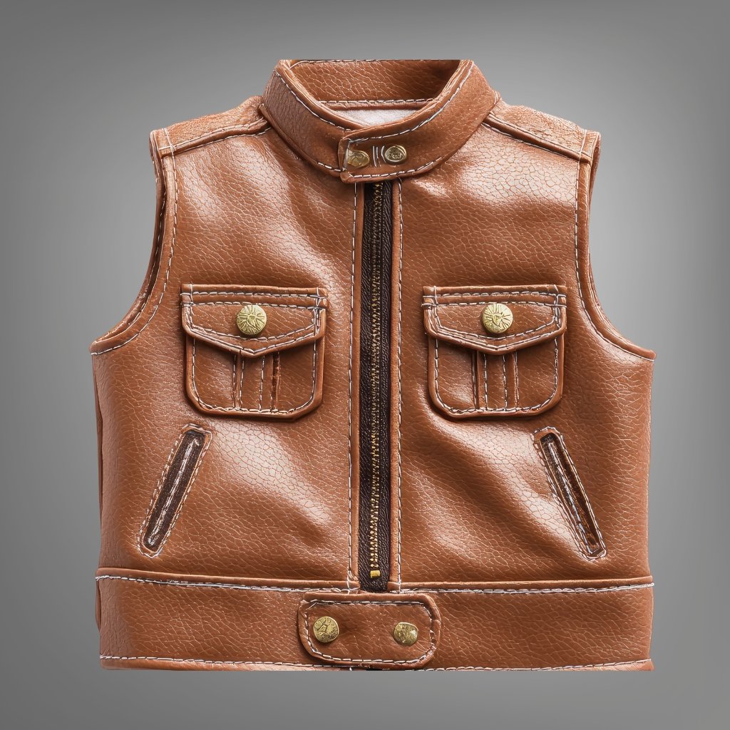 A brown men's leather vest with a front zipper, two chest pockets with snap closures, vertical zippered pockets at the sides, and a wide waistband with snap buttons.