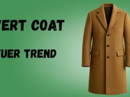 A tan long coat displayed against a green background, with the words 'COVERT COAT FUTURE TRENDS' in bold black letters on the left.