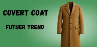 Covert Coat: A Classic Overcoat for Sharp British Style A tan long coat displayed against a green background, with the words 'COVERT COAT FUTURE TRENDS' in bold black letters on the left.