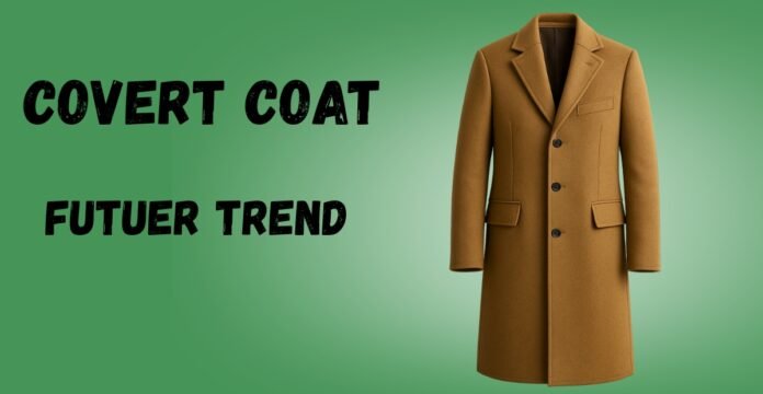 A tan long coat displayed against a green background, with the words 'COVERT COAT FUTURE TRENDS' in bold black letters on the left.