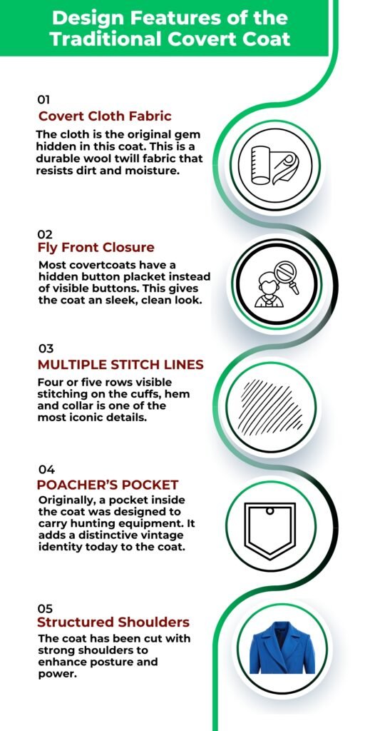 Infographic titled 'Design Features of the Traditional Covert Coat' with five labeled features and circular icons on the right.