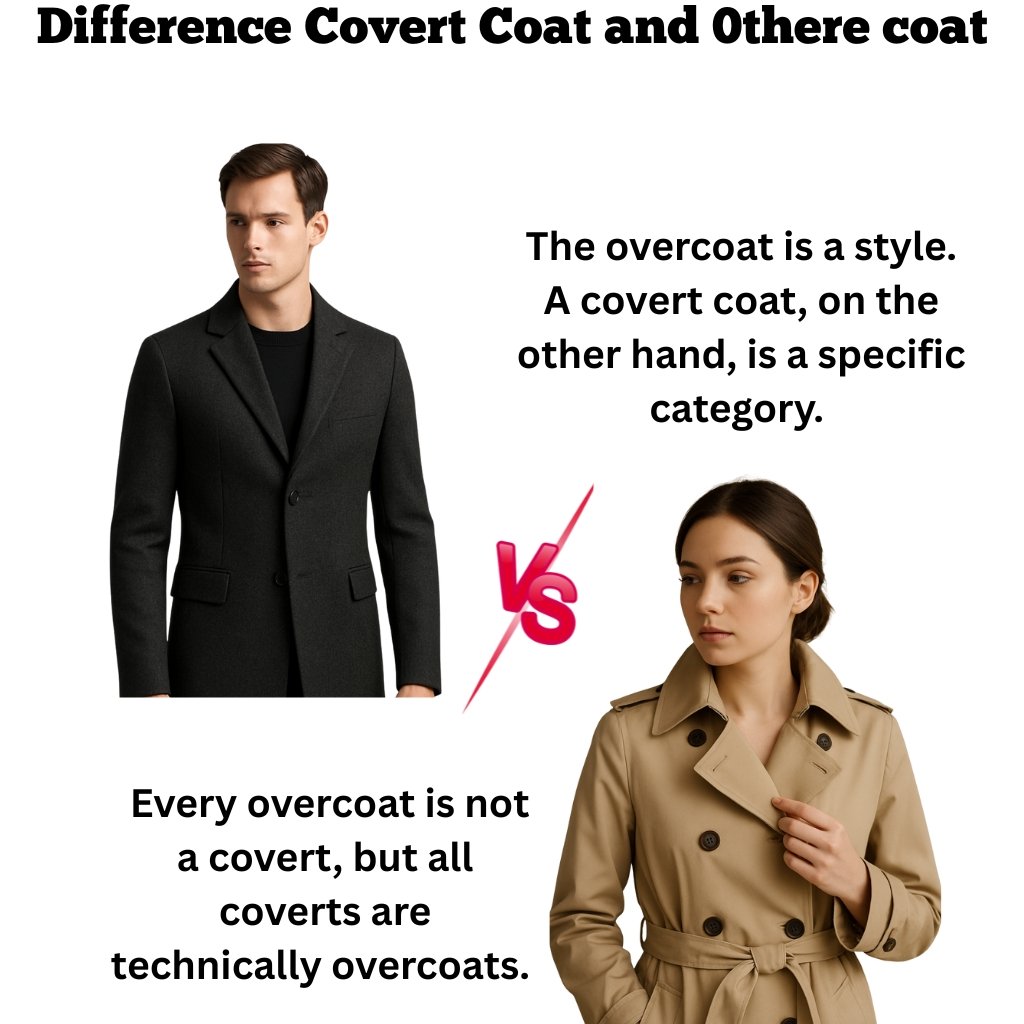 Graphic showing a man in a black overcoat and a woman in a beige trench coat with text comparing differences between a coat style and a covert coat, and a VS graphic in the center.