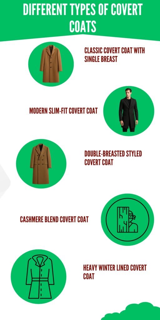 "Different Types of Covert Coats" showing six coat styles each with a green circular icon: Classic Covert Coat with Single Breast, Modern Slim-Fit Covert Coat, Double-Breasted Styled Covert Coat, Cashmere Blend Covert Coat, Heavy Winter Lined Covert Coat, plus a round icon with a measuring/scenic symbol.
