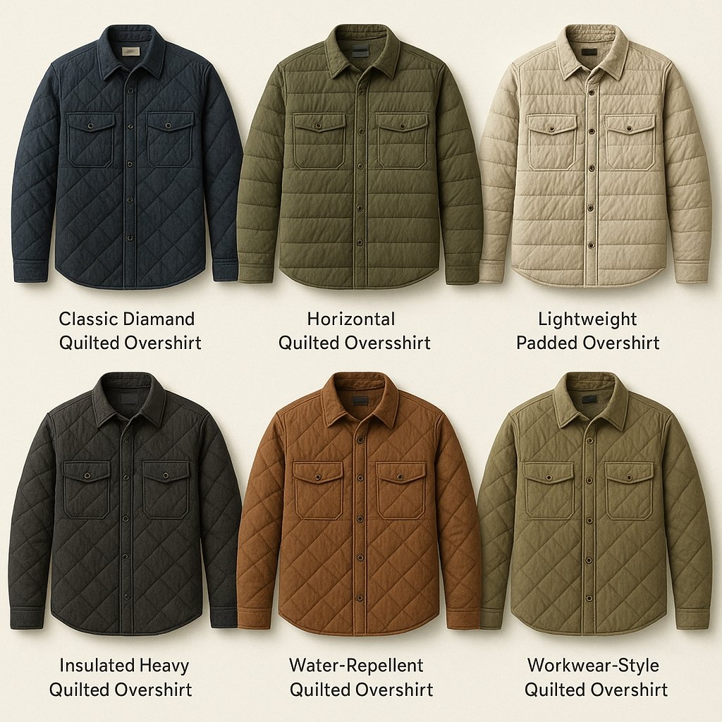 A grid of six quilted overshirts in different colors: top row left to right—navy Classic Diamond Quilted Overshirt, olive Horizontal Quilted Overshirt, beige Lightweight Padded Overshirt; bottom row left to right—charcoal Insulated Heavy Quilted Overshirt, rust Water-Repellent Quilted Overshirt, olive Workwear-Style Quilted Overshirt.