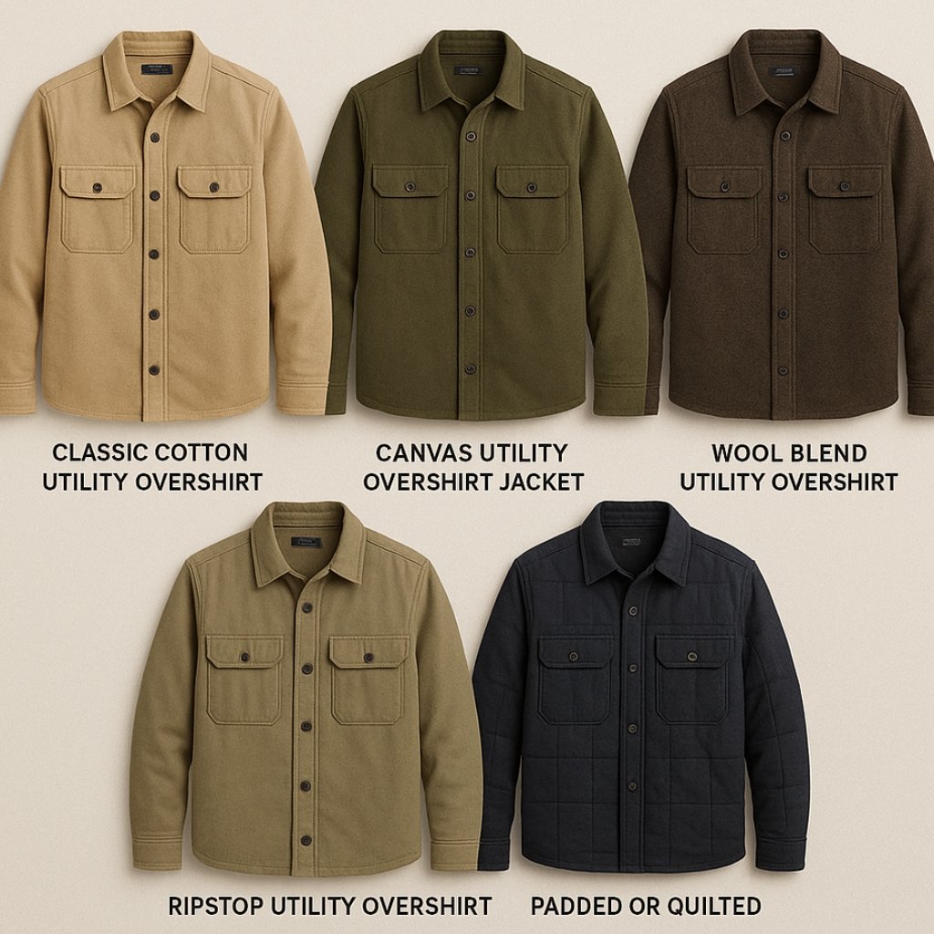 A row of six utility overshirts in different colors: tan, olive, brown, khaki, and two darker shades (black). Each shirt features two chest pockets with flaps and button closures. The captions beneath each shirt identify the color and style (e.g., Classic Cotton Utility Overshirt, Canvas Utility Overshirt Jacket, Wool Blend Utility Overshirt, Ripstop Utility Overshirt, and Padded or Quilted).
