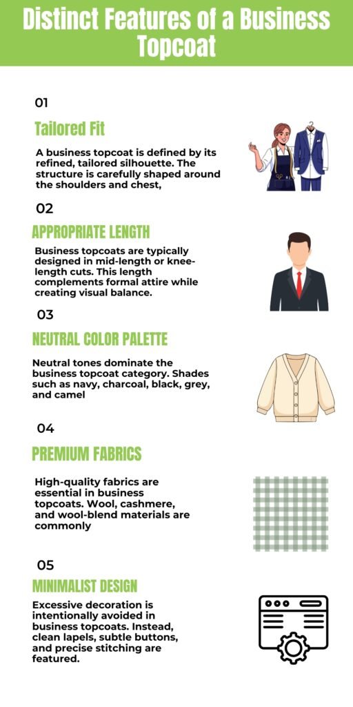 Infographic titled ‘Distinct Features of a Business Topcoat’ listing five features with small icons: tailored fit, appropriate length, neutral color palette, premium fabrics, and minimalist design.