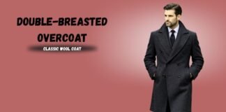Double-Breasted Overcoat Guide: Style, Fit, and Features Man wearing a dark double-breasted wool overcoat against a muted pink background; text reads 'DOUBLE-BREASTED OVERCOAT' and 'CLASSIC WOOL COAT'.