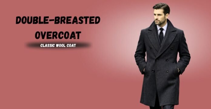 Man wearing a dark double-breasted wool overcoat against a muted pink background; text reads 'DOUBLE-BREASTED OVERCOAT' and 'CLASSIC WOOL COAT'.