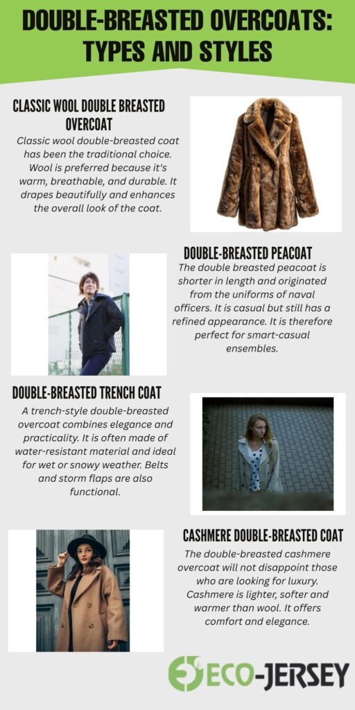 Infographic titled 'DOUBLE-BREASTED OVERCOATS: TYPES AND STYLES' with sections for Classic Wool Double Breasted Overcoat, Double-Breasted Peacoat, Double-Breasted Trench Coat, and Cashmere Double-Breasted Coat, each with a short description and small photos of models wearing the coats.