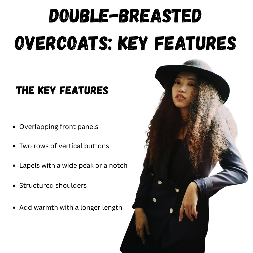 Graphic featuring a woman in a dark double-breasted coat on the right, with a bold title 'DOUBLE-BREASTED OVERCOATS: KEY FEATURES' at the top and a bullet list of features on the left.