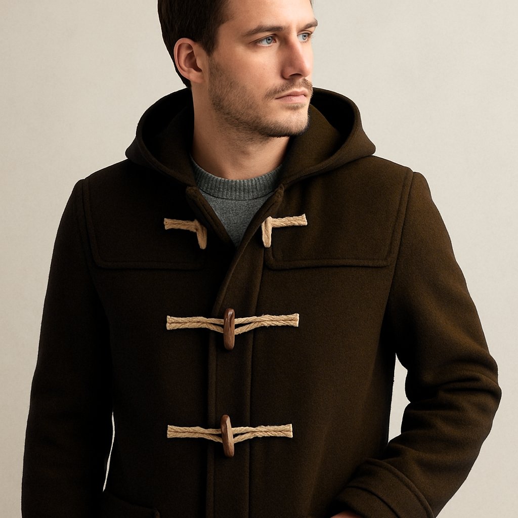 A man wearing a dark duffle coat with beige rope toggles and a hood, standing against a neutral background.