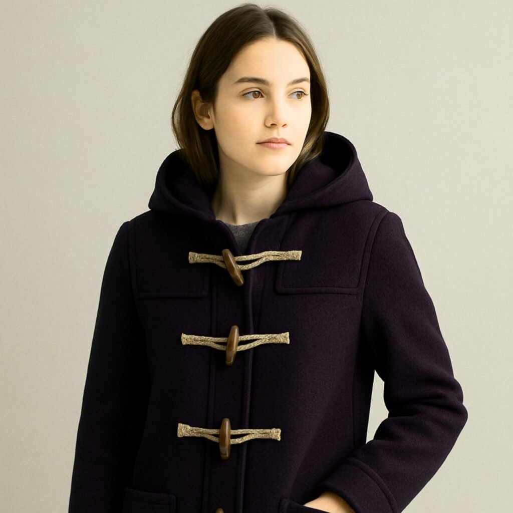 A woman wearing a dark duffle coat with wooden toggle fastenings and a hood, standing against a neutral background.