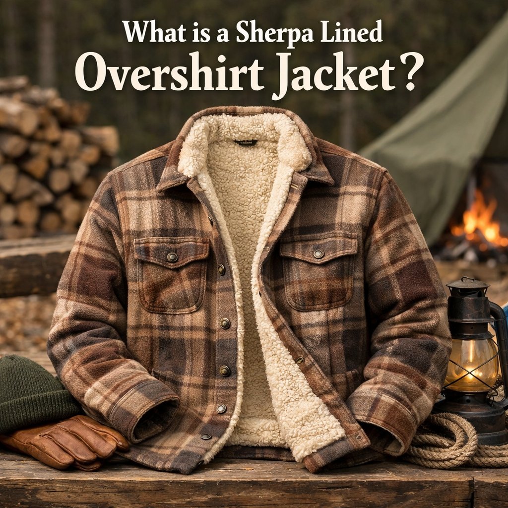 A brown plaid Sherpa-lined overshirt jacket on a rustic outdoor table, with a vintage lantern, gloves, and rope nearby; text at the top asks, 'What is a Sherpa Lined Overshirt Jacket?