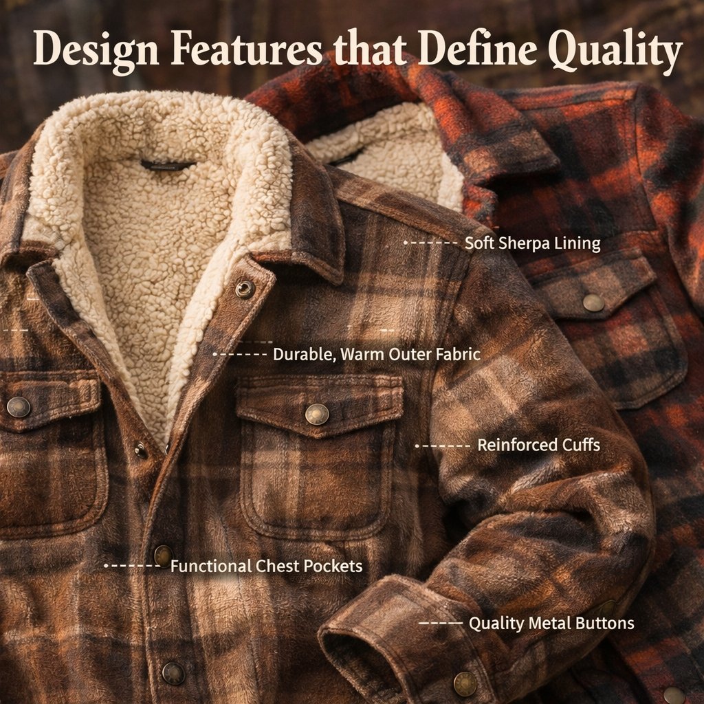 Close-up image of two plaid jackets with shearling lining, highlighting features like functional chest pockets, reinforced cuffs, durable outer fabric, soft sherpa lining, and quality metal buttons.
