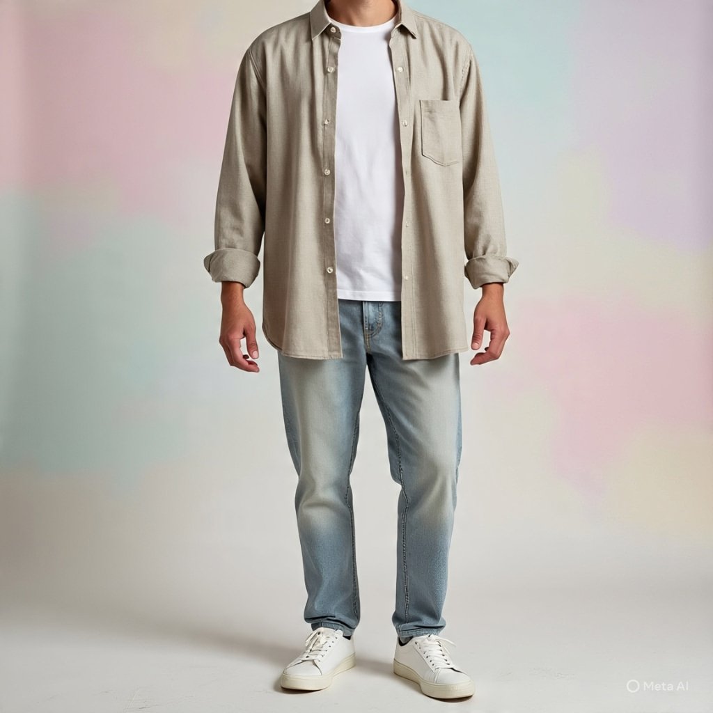 A man stands facing forward, wearing a light beige button-up shirt over a white T-shirt, light-wash jeans, and white sneakers.
