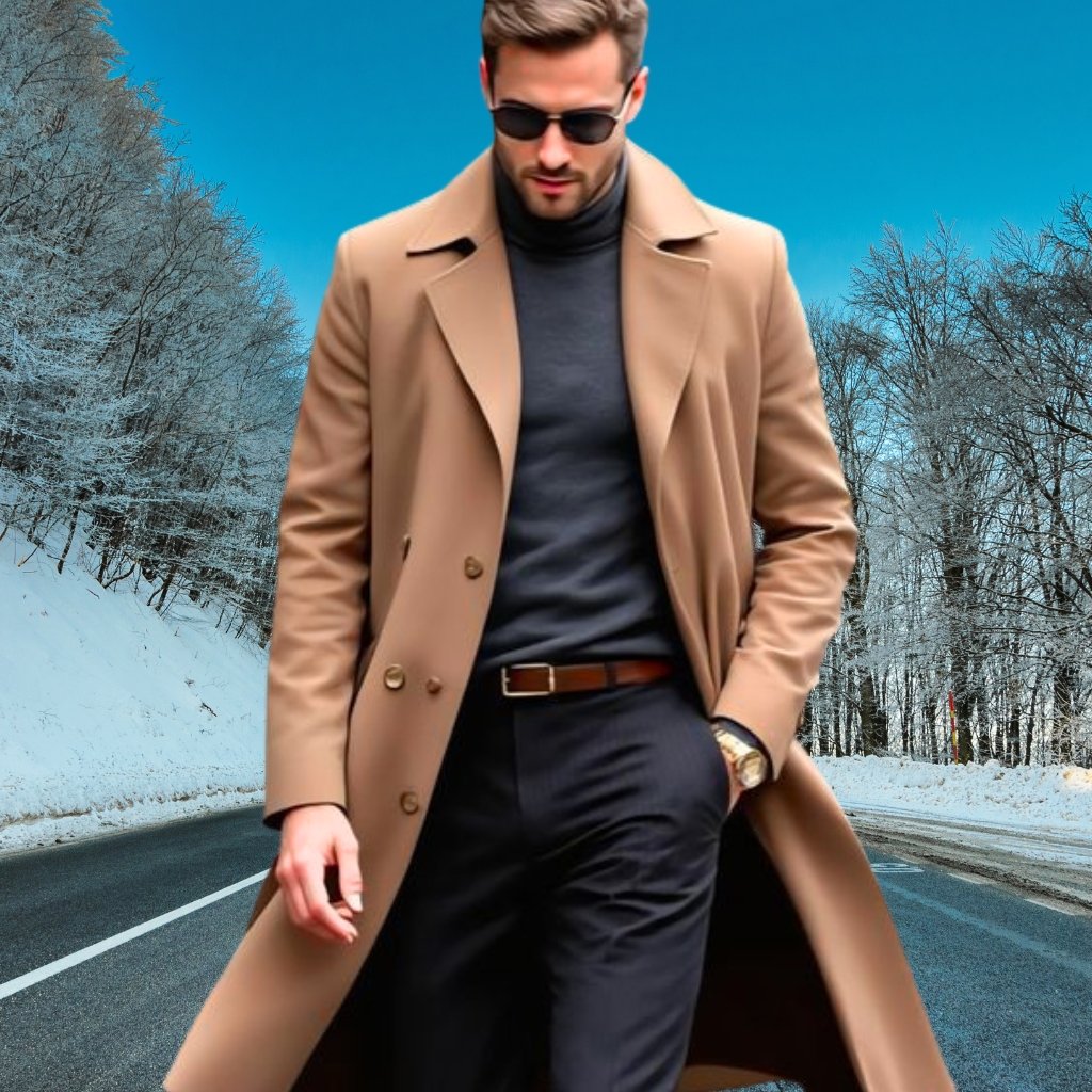 A stylish man walking on a snowy road wearing a tan overcoat, black turtleneck, black trousers, sunglasses, and a brown belt; winter trees line the road.