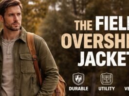 A man wearing a green field jacket with a tan shirt, standing outdoors with a backpack slung over one shoulder.